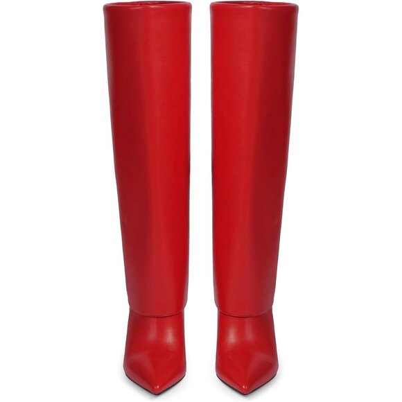 Women's Red Pu Pointed Toe Zipper Shark Fold Over Knee High Heel Boots - Picture 7 of 7